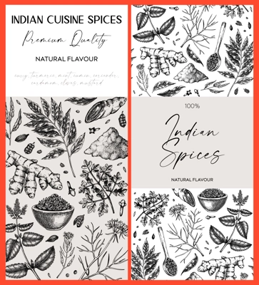 Indian spice label designs. Curry, cumin, mustard, turmeric, coriander, cloves sketches. Herbs hand-drawn vectot illustration. Vintage banner templates. NOT AI generated